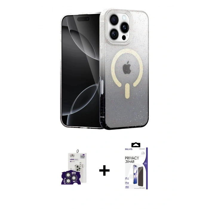 MARSİLYAN™- iPhone 16 Pro Max Kılıf Eksen Minimal Özel Seri - Siyah Bilvis 3X AR Hayalet Cam Ekran Koruyucu + Bilvis Titan Kamera Lens - TMGI