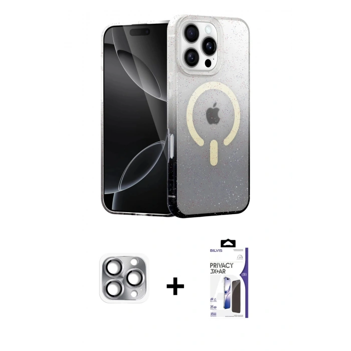 MARSİLYAN™- iPhone 16 Pro Max Kılıf Eksen Minimal Özel Seri - Siyah Bilvis 3X AR Hayalet Cam Ekran Koruyucu + Pers Alüminyum Kamera Lens - GI