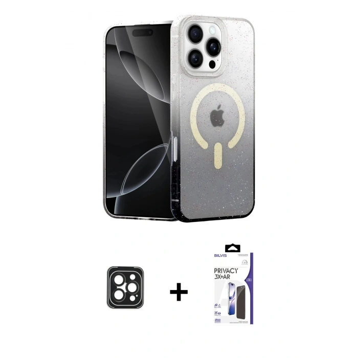 MARSİLYAN™- iPhone 16 Pro Max Kılıf Eksen Minimal Özel Seri - Siyah Bilvis 3X AR Hayalet Cam Ekran Koruyucu + PVD Metal Kamera Lens - SH