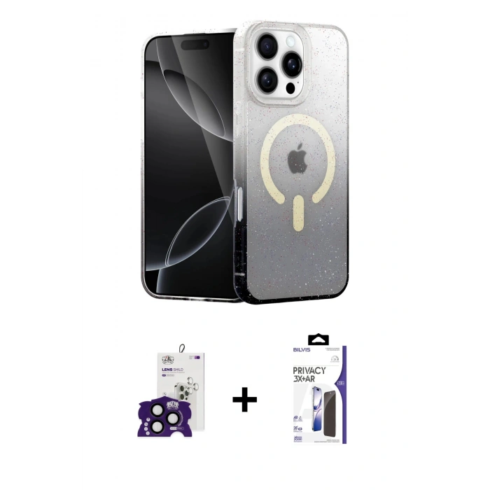 MARSİLYAN™- iPhone 16 Pro Max Kılıf Eksen Minimal Özel Seri - Siyah Bilvis 3X AR Hayalet Cam Ekran Koruyucu + Bilvis Titan Kamera Lens - SH