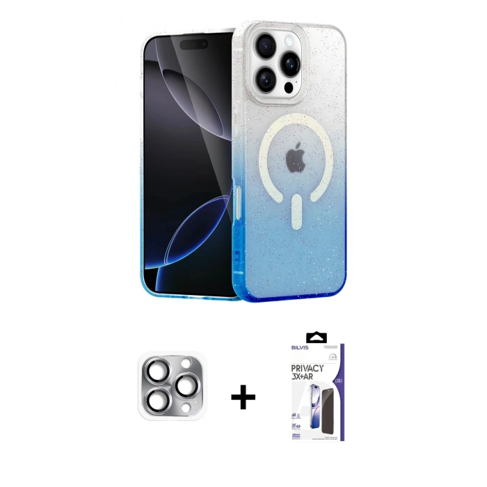 MARSİLYAN™- iPhone 16 Pro Max Kılıf Eksen Minimal Özel Seri - Siyah Bilvis 3X AR Hayalet Cam Ekran Koruyucu + Pers Alüminyum Kamera Lens - GI