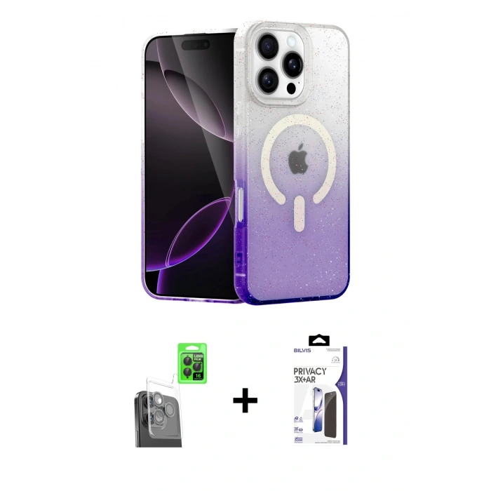 MARSİLYAN™- iPhone 16 Pro Max Kılıf Eksen Minimal Özel Seri - Siyah Bilvis 3X AR Hayalet Cam Ekran Koruyucu + Raze Metal Kamera Lens - SH