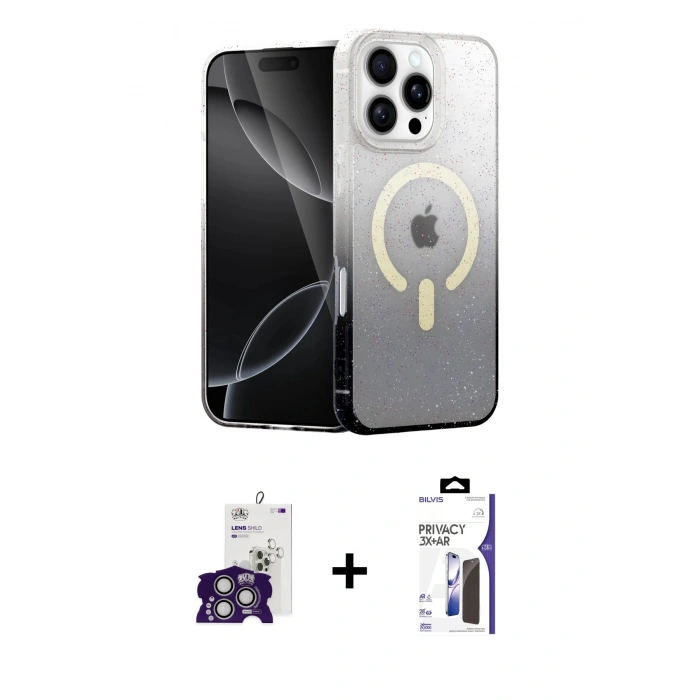 MARSİLYAN™- iPhone 16 Pro Max Kılıf Eksen Minimal Özel Seri - Siyah Bilvis 3X AR Hayalet Cam Ekran Koruyucu + Bilvis Titan Kamera Lens - GS