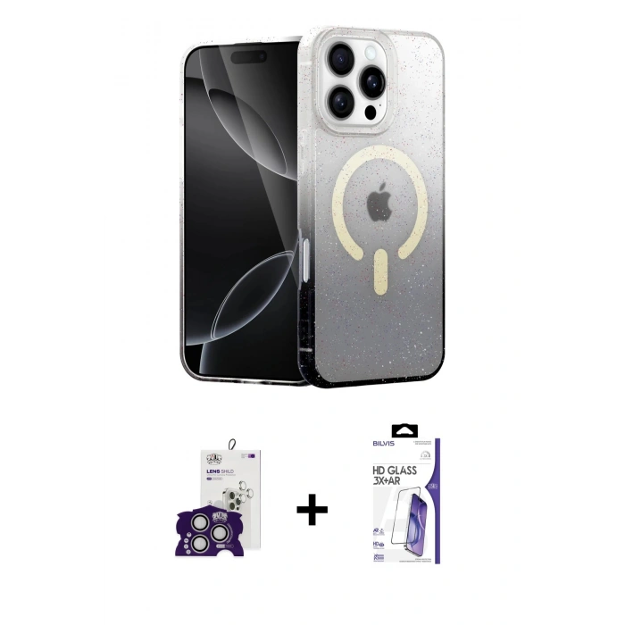 MARSİLYAN™- iPhone 16 Pro Max Kılıf Eksen Minimal Özel Seri - Siyah Bilvis 3X AR HD Cam Ekran Koruyucu + Bilvis Titan Kamera Lens - GS