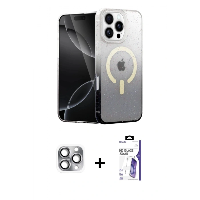 MARSİLYAN™- iPhone 16 Pro Max Kılıf Eksen Minimal Özel Seri - Siyah Bilvis 3X AR HD Cam Ekran Koruyucu + Pers Alüminyum Kamera Lens - GI