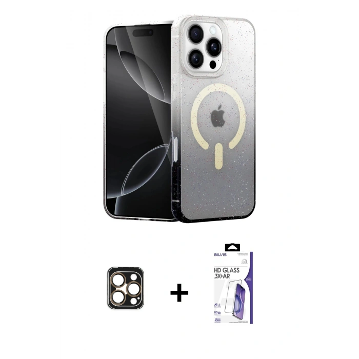 MARSİLYAN™- iPhone 16 Pro Max Kılıf Eksen Minimal Özel Seri - Siyah Bilvis 3X AR HD Cam Ekran Koruyucu + PVD Metal Kamera Lens - GD