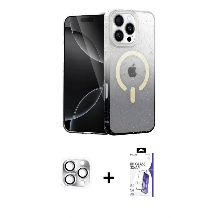 MARSİLYAN™- iPhone 16 Pro Max Kılıf Eksen Minimal Özel Seri - Siyah Bilvis 3X AR HD Cam Ekran Koruyucu + Pers Alüminyum Kamera Lens - GS