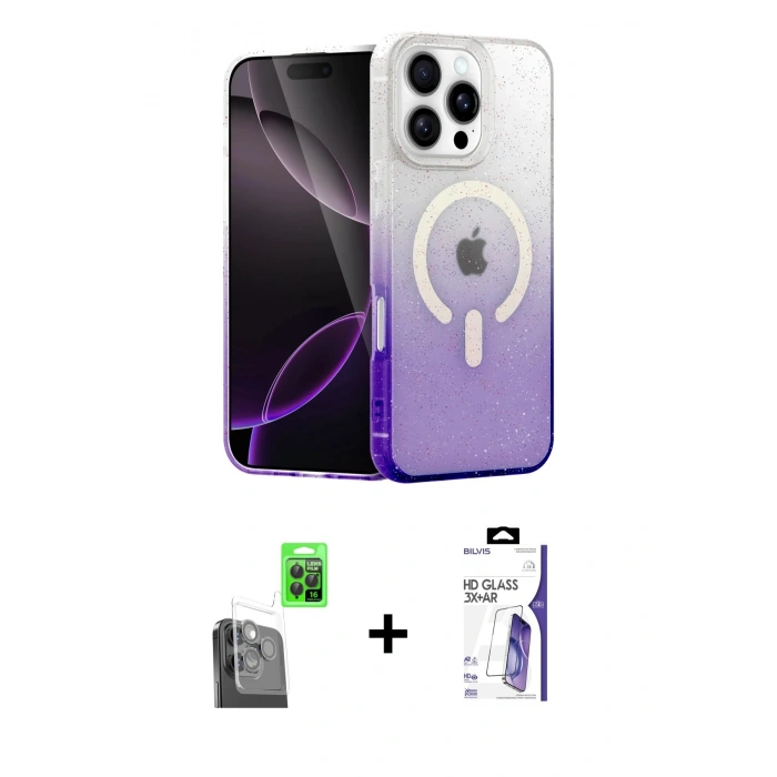 MARSİLYAN™- iPhone 16 Pro Max Kılıf Eksen Minimal Özel Seri - Siyah Bilvis 3X AR HD Cam Ekran Koruyucu + Raze Metal Kamera Lens - SH