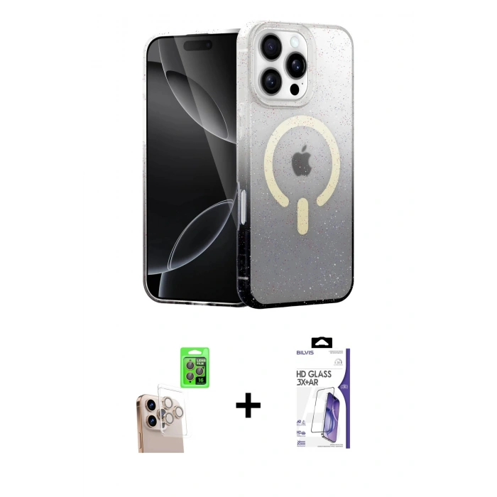 MARSİLYAN™- iPhone 16 Pro Max Kılıf Eksen Minimal Özel Seri - Siyah Bilvis 3X AR HD Cam Ekran Koruyucu + Raze Metal Kamera Lens - NLGY