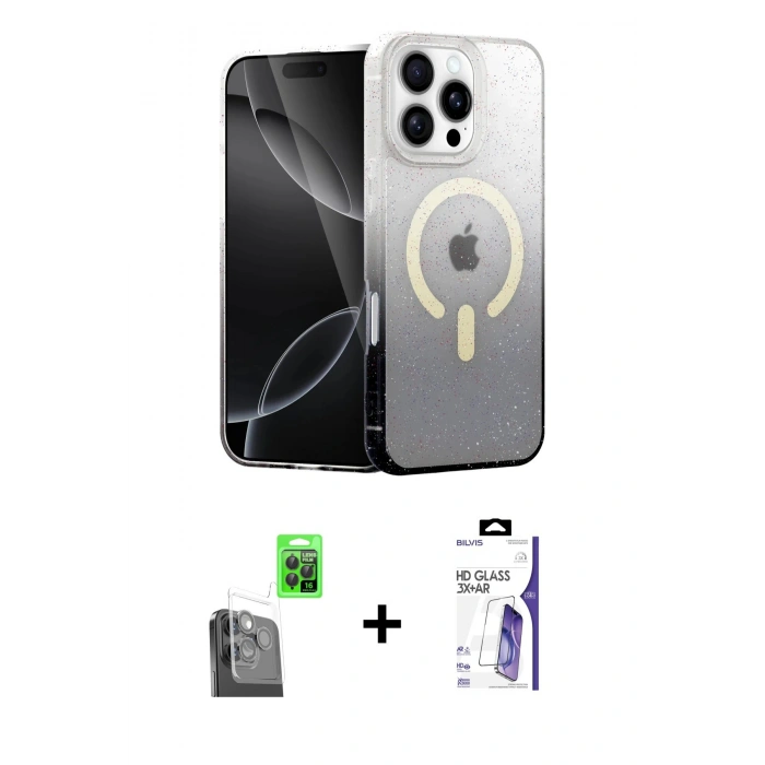 MARSİLYAN™- iPhone 16 Pro Max Kılıf Eksen Minimal Özel Seri - Siyah Bilvis 3X AR HD Cam Ekran Koruyucu + Raze Metal Kamera Lens - SH