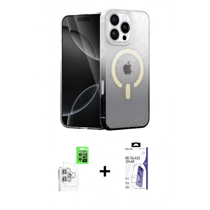 MARSİLYAN™- iPhone 16 Pro Max Kılıf Eksen Minimal Özel Seri - Siyah Bilvis 3X AR HD Cam Ekran Koruyucu + Raze Metal Kamera Lens - BZ