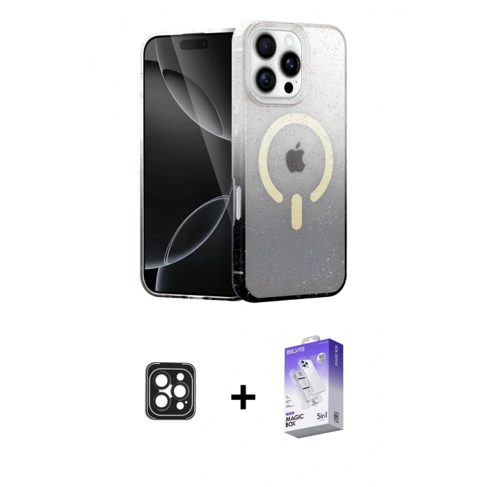 MARSİLYAN™- iPhone 16 Pro Max Kılıf Eksen Minimal Özel Seri - Siyah Bilvis 5in1 3D Magic Cam Ekran Koruyucu + PVD Metal Kamera Lens - SH
