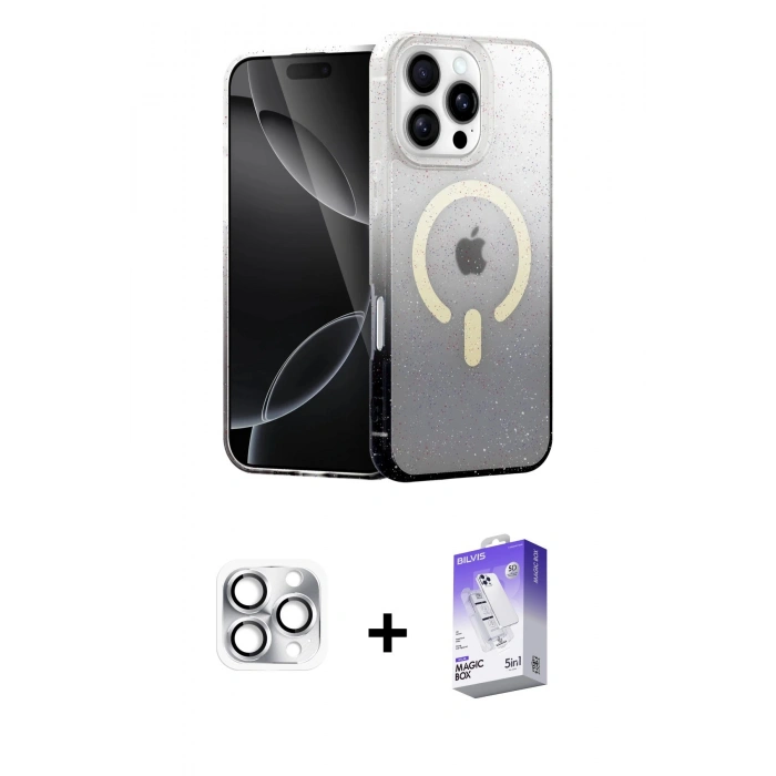 MARSİLYAN™- iPhone 16 Pro Max Kılıf Eksen Minimal Özel Seri - Siyah Bilvis 5in1 3D Magic Cam Ekran Koruyucu + Pers Alüminyum Kamera Lens - GS