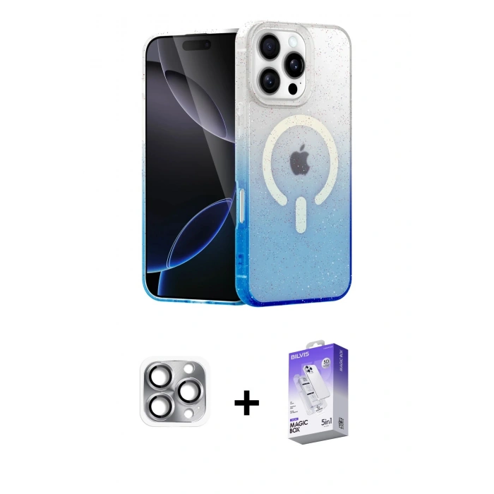 MARSİLYAN™- iPhone 16 Pro Max Kılıf Eksen Minimal Özel Seri - Siyah Bilvis 5in1 3D Magic Cam Ekran Koruyucu + Pers Alüminyum Kamera Lens - GI