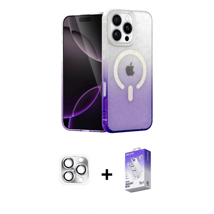 MARSİLYAN™- iPhone 16 Pro Max Kılıf Eksen Minimal Özel Seri - Siyah Bilvis 5in1 3D Magic Cam Ekran Koruyucu + Pers Alüminyum Kamera Lens - GS