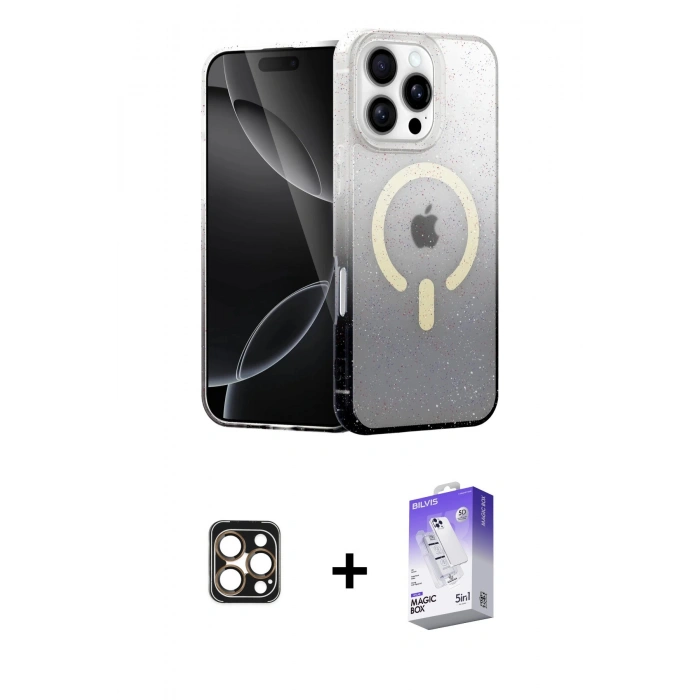 MARSİLYAN™- iPhone 16 Pro Max Kılıf Eksen Minimal Özel Seri - Siyah Bilvis 5in1 3D Magic Cam Ekran Koruyucu + PVD Metal Kamera Lens - GD
