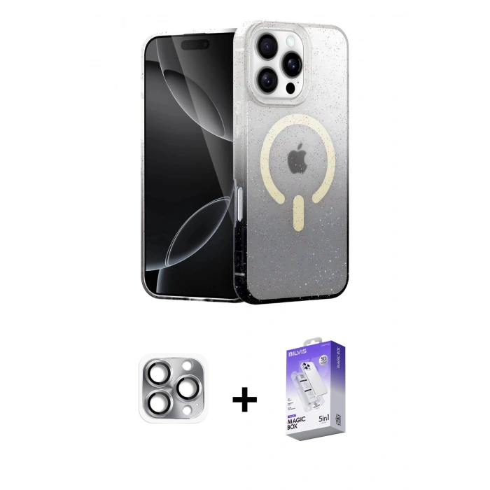 MARSİLYAN™- iPhone 16 Pro Max Kılıf Eksen Minimal Özel Seri - Siyah Bilvis 5in1 3D Magic Cam Ekran Koruyucu + Pers Alüminyum Kamera Lens - GI