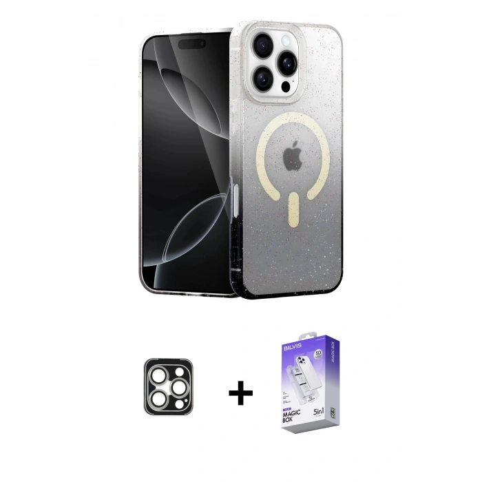 MARSİLYAN™- iPhone 16 Pro Max Kılıf Eksen Minimal Özel Seri - Siyah Bilvis 5in1 3D Magic Cam Ekran Koruyucu + Gümüş PVD Metal Kamera Lens