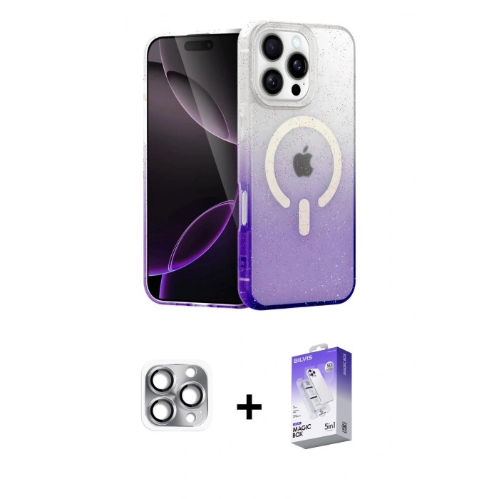 MARSİLYAN™- iPhone 16 Pro Max Kılıf Eksen Minimal Özel Seri - Siyah Bilvis 5in1 3D Magic Cam Ekran Koruyucu + Pers Alüminyum Kamera Lens - GI
