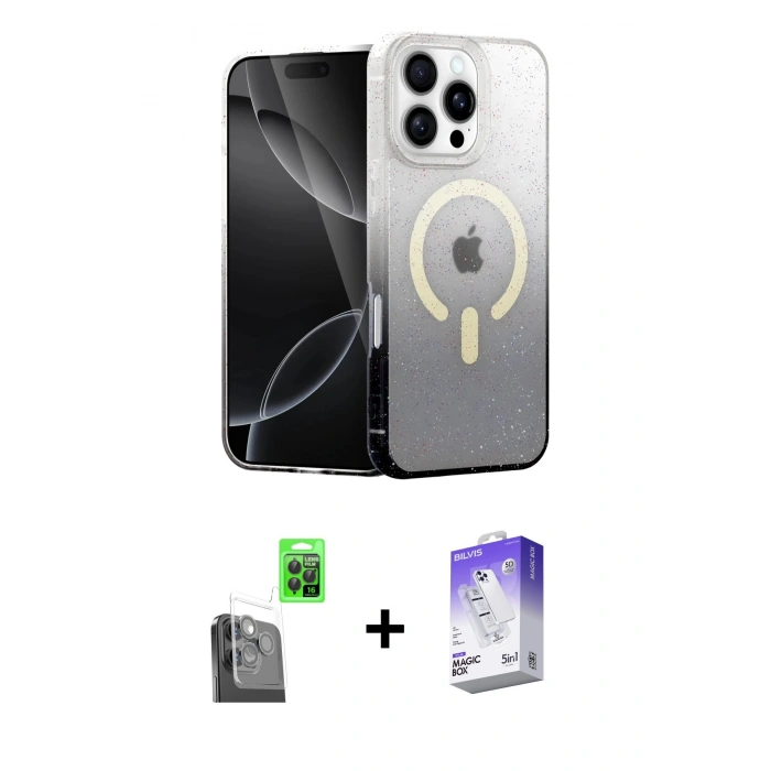 MARSİLYAN™- iPhone 16 Pro Max Kılıf Eksen Minimal Özel Seri - Siyah Bilvis 5in1 3D Magic Cam Ekran Koruyucu + Siyah Raze Metal Kamera Lens