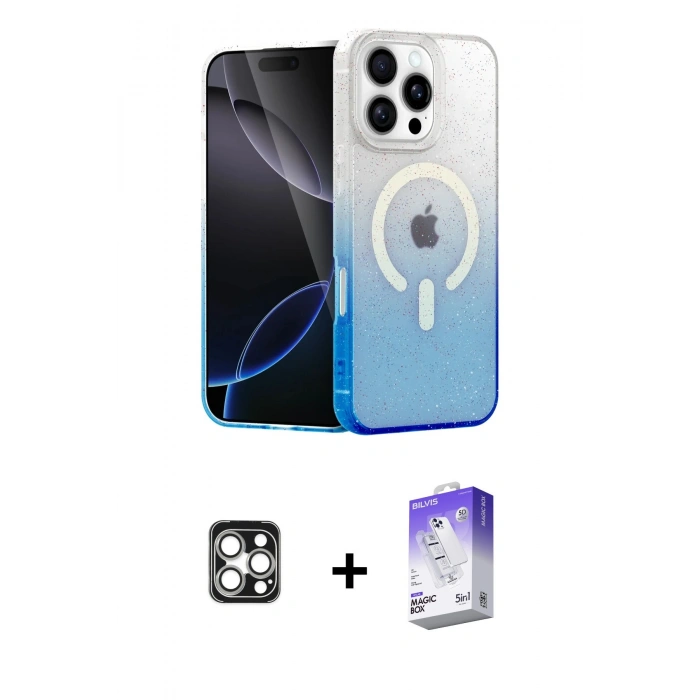 MARSİLYAN™- iPhone 16 Pro Max Kılıf Eksen Minimal Özel Seri - Siyah Bilvis 5in1 3D Magic Cam Ekran Koruyucu + Gümüş PVD Metal Kamera Lens
