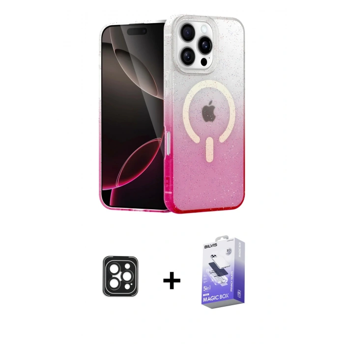MARSİLYAN™- iPhone 16 Pro Max Kılıf Eksen Minimal Özel Seri - Siyah Bilvis 5in1 5D Magic Hayalet Cam Ekran Koruyucu + PVD Metal Kamera Lens - SH