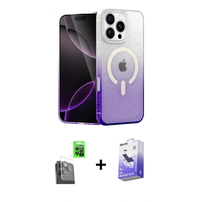 MARSİLYAN™- iPhone 16 Pro Max Kılıf Eksen Minimal Özel Seri - Siyah Bilvis 5in1 5D Magic Hayalet Cam Ekran Koruyucu + Raze Metal Kamera Lens - SH