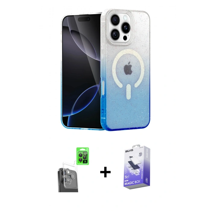 MARSİLYAN™- iPhone 16 Pro Max Kılıf Eksen Minimal Özel Seri - Siyah Bilvis 5in1 5D Magic Hayalet Cam Ekran Koruyucu + Raze Metal Kamera Lens - SH