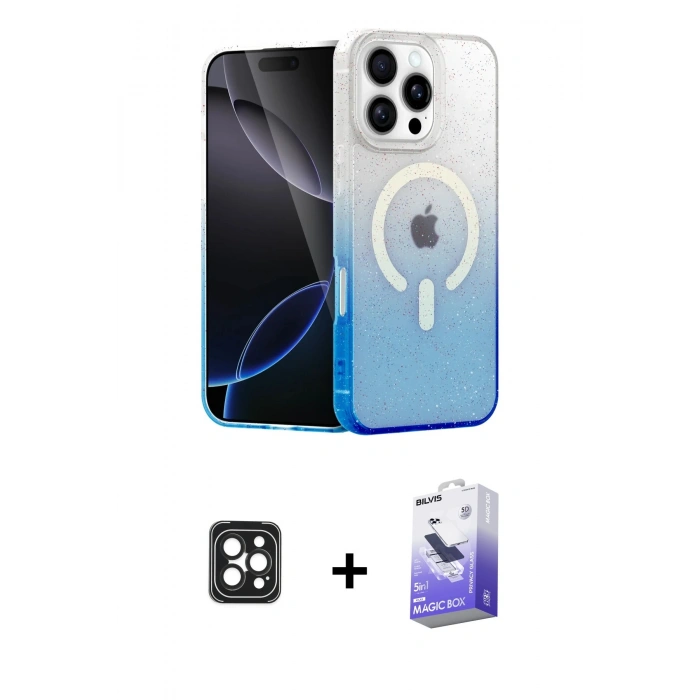MARSİLYAN™- iPhone 16 Pro Max Kılıf Eksen Minimal Özel Seri - Siyah Bilvis 5in1 5D Magic Hayalet Cam Ekran Koruyucu + PVD Metal Kamera Lens - SH