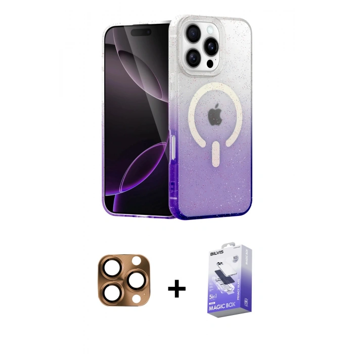 MARSİLYAN™- iPhone 16 Pro Max Kılıf Eksen Minimal Özel Seri - Siyah Bilvis 5in1 5D Magic Hayalet Cam Ekran Koruyucu + Pers Alüminyum Kamera Lens - CLTM