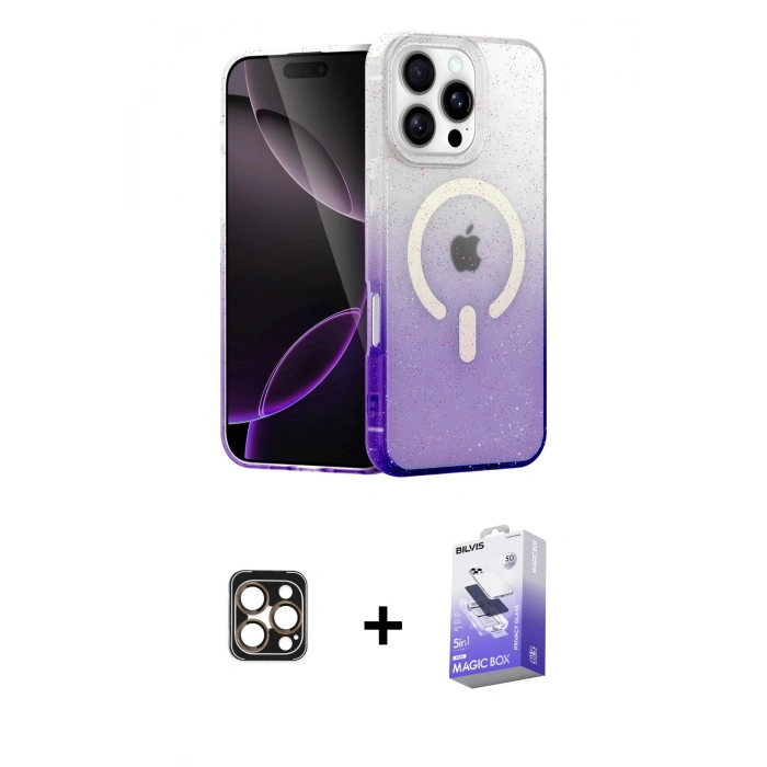 MARSİLYAN™- iPhone 16 Pro Max Kılıf Eksen Minimal Özel Seri - Siyah Bilvis 5in1 5D Magic Hayalet Cam Ekran Koruyucu + Gold PVD Metal Kamera Lens