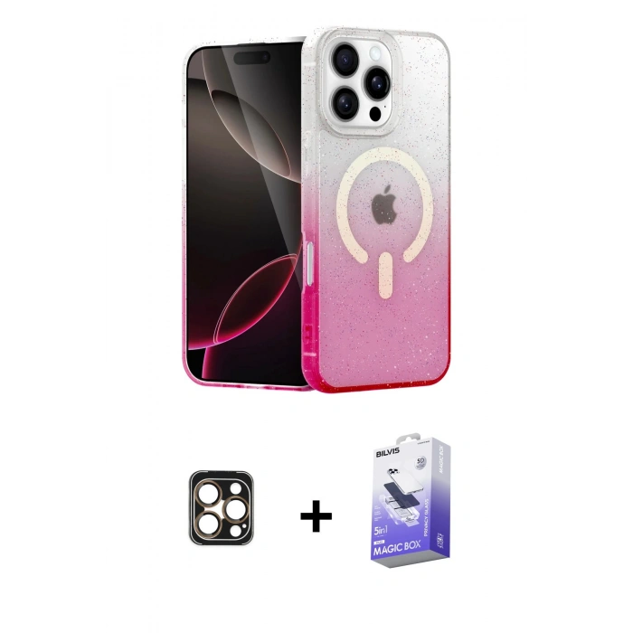 MARSİLYAN™- iPhone 16 Pro Max Kılıf Eksen Minimal Özel Seri - Siyah Bilvis 5in1 5D Magic Hayalet Cam Ekran Koruyucu + Gold PVD Metal Kamera Lens