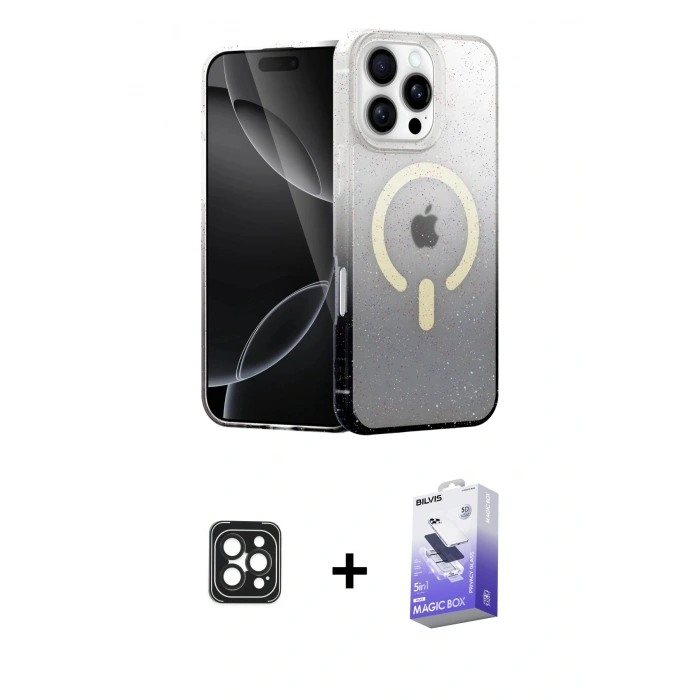 MARSİLYAN™- iPhone 16 Pro Max Kılıf Eksen Minimal Özel Seri - Siyah Bilvis 5in1 5D Magic Hayalet Cam Ekran Koruyucu + PVD Metal Kamera Lens - SH