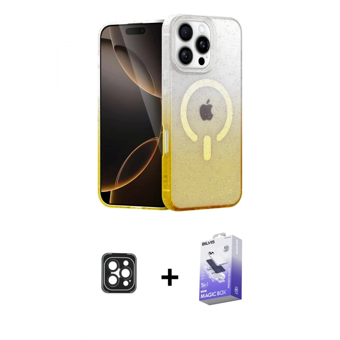 MARSİLYAN™- iPhone 16 Pro Max Kılıf Eksen Minimal Özel Seri - Siyah Bilvis 5in1 5D Magic Hayalet Cam Ekran Koruyucu + PVD Metal Kamera Lens - SH