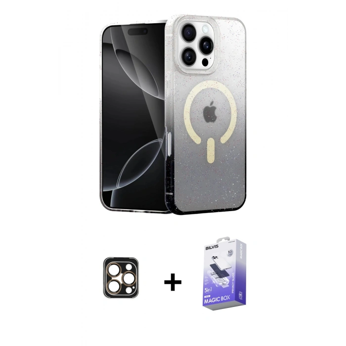 MARSİLYAN™- iPhone 16 Pro Max Kılıf Eksen Minimal Özel Seri - Siyah Bilvis 5in1 5D Magic Hayalet Cam Ekran Koruyucu + Gold PVD Metal Kamera Lens