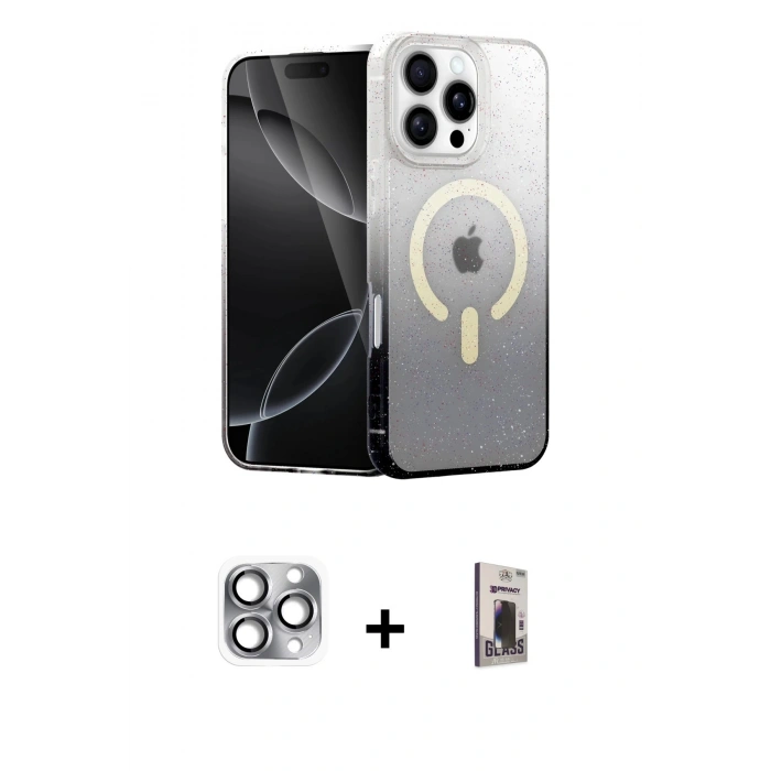 MARSİLYAN™- iPhone 16 Pro Max Kılıf Eksen Minimal Özel Seri - Siyah Bilvis Hayalet Cam Ekran Koruyucu + Pers Alüminyum Kamera Lens - GI