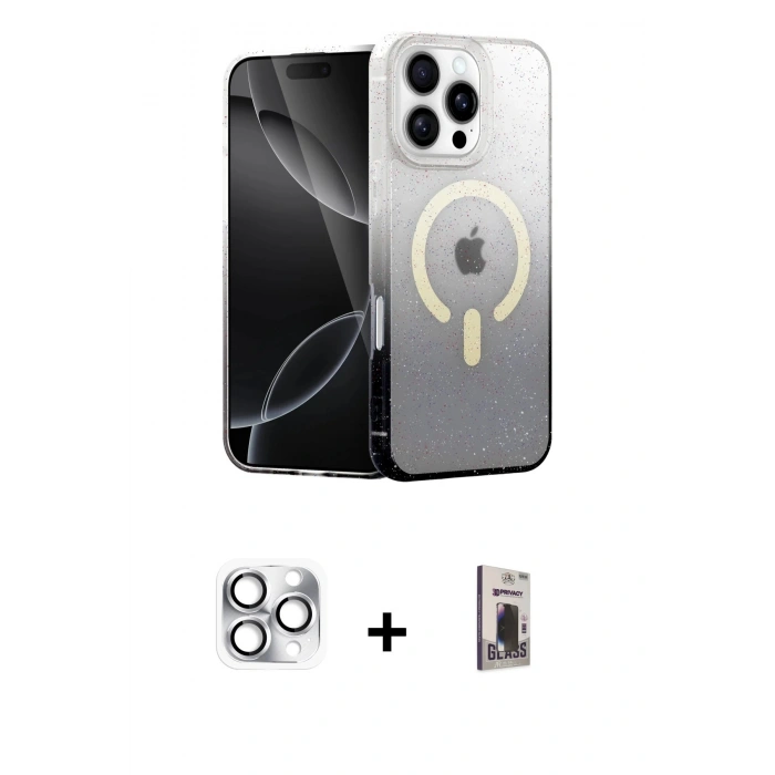 MARSİLYAN™- iPhone 16 Pro Max Kılıf Eksen Minimal Özel Seri - Siyah Bilvis Hayalet Cam Ekran Koruyucu + Pers Alüminyum Kamera Lens - GS