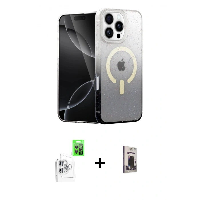 MARSİLYAN™- iPhone 16 Pro Max Kılıf Eksen Minimal Özel Seri - Siyah Bilvis Hayalet Cam Ekran Koruyucu + Raze Metal Kamera Lens - BZ
