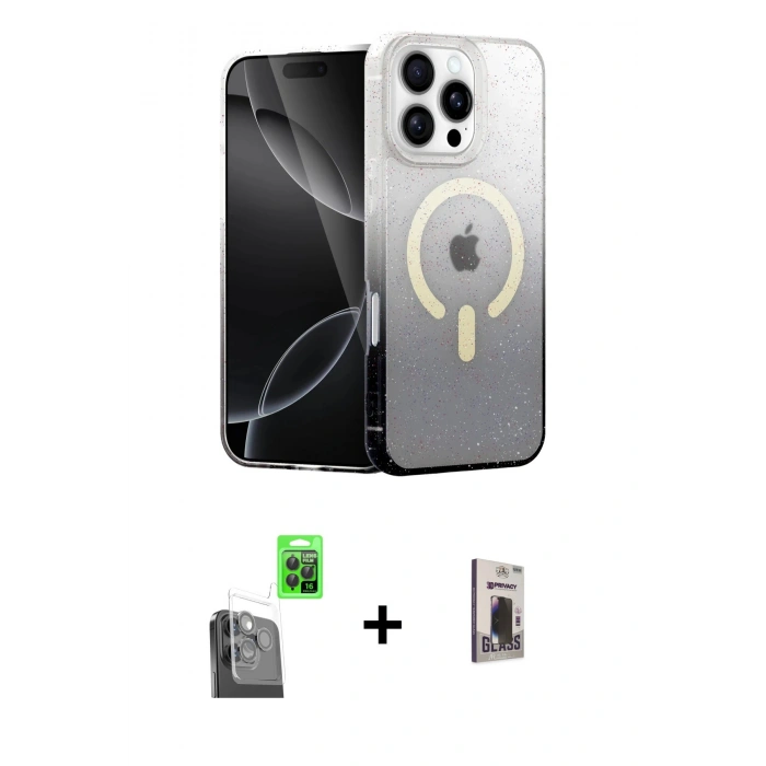 MARSİLYAN™- iPhone 16 Pro Max Kılıf Eksen Minimal Özel Seri - Siyah Bilvis Hayalet Cam Ekran Koruyucu + Raze Metal Kamera Lens - SH