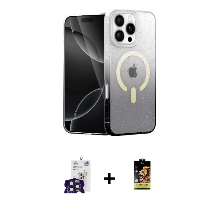 MARSİLYAN™- iPhone 16 Pro Max Kılıf Eksen Minimal Özel Seri - Siyah Buffer Cam Ekran Koruyucu + Bilvis Titan Kamera Lens - TMGI