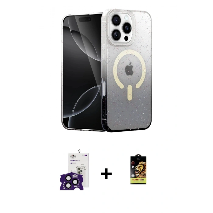 MARSİLYAN™- iPhone 16 Pro Max Kılıf Eksen Minimal Özel Seri - Siyah Buffer Cam Ekran Koruyucu + Bilvis Titan Kamera Lens - SH