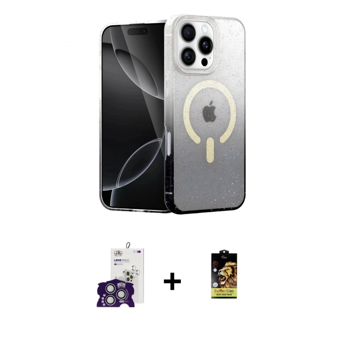 MARSİLYAN™- iPhone 16 Pro Max Kılıf Eksen Minimal Özel Seri - Siyah Buffer Cam Ekran Koruyucu + Bilvis Titan Kamera Lens - GS