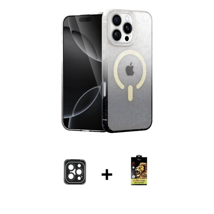 MARSİLYAN™- iPhone 16 Pro Max Kılıf Eksen Minimal Özel Seri - Siyah Buffer Cam Ekran Koruyucu + PVD Metal Kamera Lens - SH