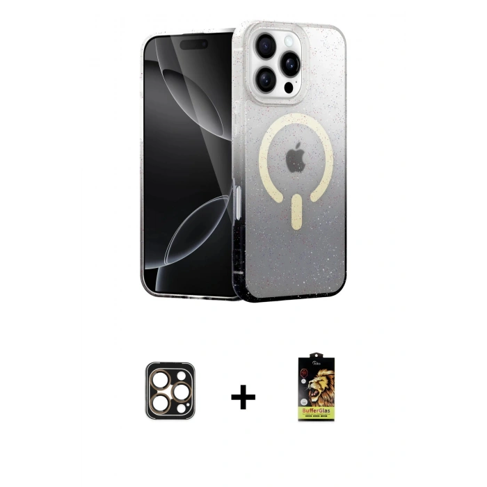 MARSİLYAN™- iPhone 16 Pro Max Kılıf Eksen Minimal Özel Seri - Siyah Buffer Cam Ekran Koruyucu + PVD Metal Kamera Lens - GD