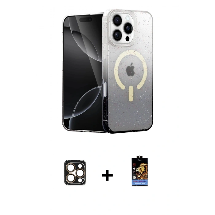 MARSİLYAN™- iPhone 16 Pro Max Kılıf Eksen Minimal Özel Seri - Siyah Buffer Hayalet Cam Ekran Koruyucu + Gold PVD Metal Kamera Lens