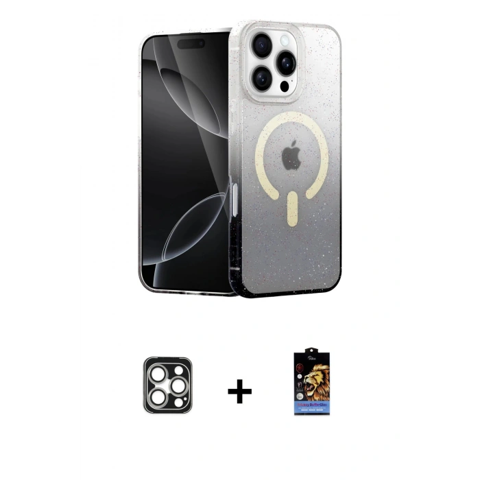 MARSİLYAN™- iPhone 16 Pro Max Kılıf Eksen Minimal Özel Seri - Siyah Buffer Hayalet Cam Ekran Koruyucu + Gümüş PVD Metal Kamera Lens