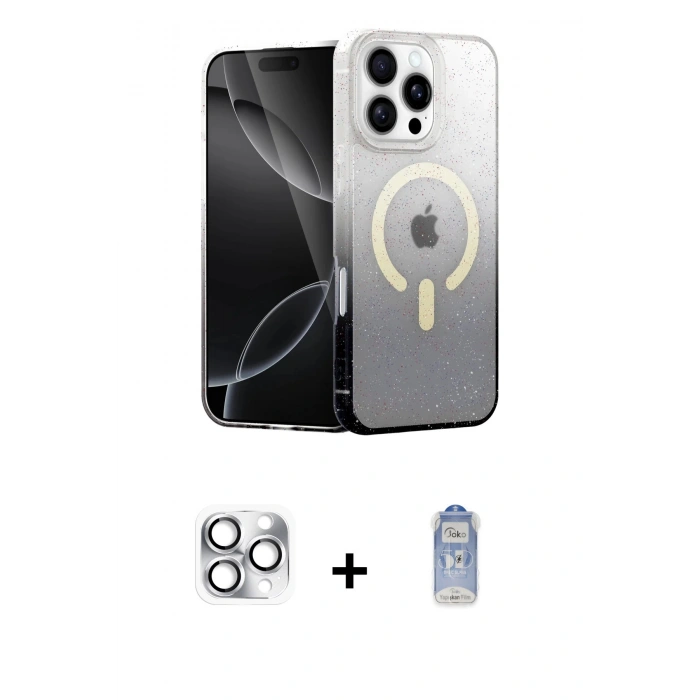 MARSİLYAN™- iPhone 16 Pro Max Kılıf Eksen Minimal Özel Seri - Siyah Joko Magic 5D Cam + Pers Alüminyum Kamera Lens - GS