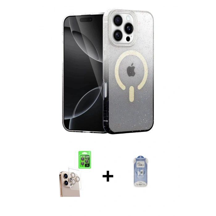 MARSİLYAN™- iPhone 16 Pro Max Kılıf Eksen Minimal Özel Seri - Siyah Joko Magic 5D Cam + Natural Grey Raze Metal Kamera Lens