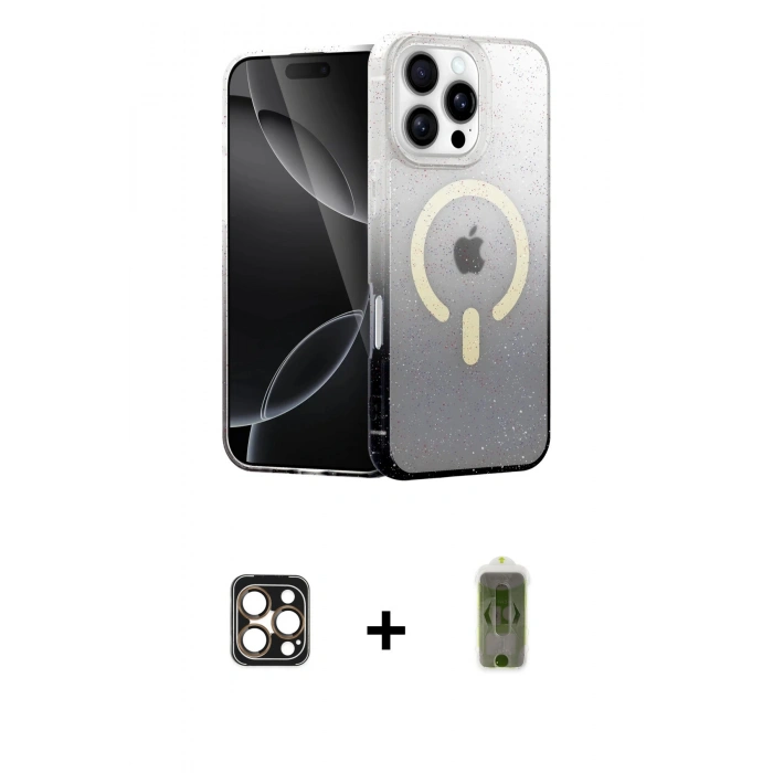 MARSİLYAN™- iPhone 16 Pro Max Kılıf Eksen Minimal Özel Seri - Siyah Joko Magic 5D Hayalet Cam + PVD Metal Kamera Lens - GD