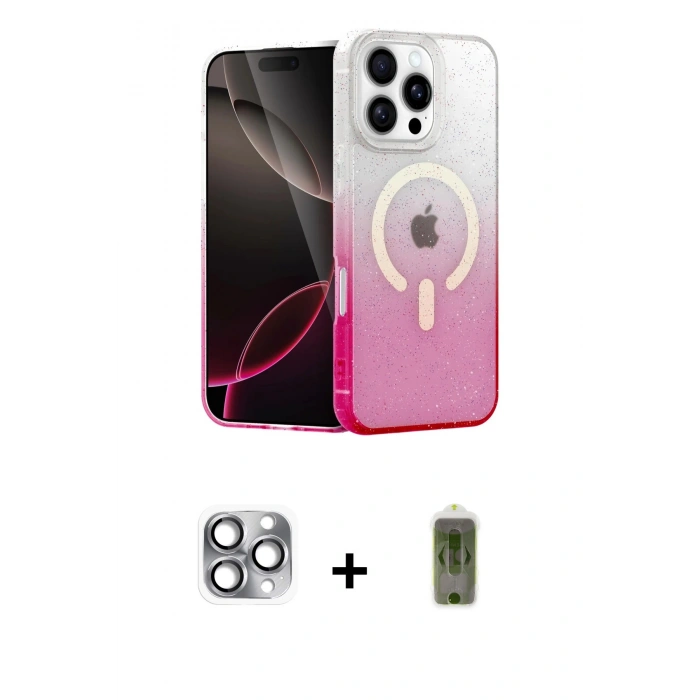 MARSİLYAN™- iPhone 16 Pro Max Kılıf Eksen Minimal Özel Seri - Siyah Joko Magic 5D Hayalet Cam + Gri Pers Alüminyum Kamera Lens